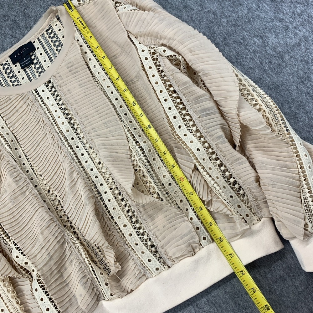 Gracia Beige Cream Top Beige Ruffle Sheer See Through Lace Long Sleeve - Size S - Picture 6 of 9